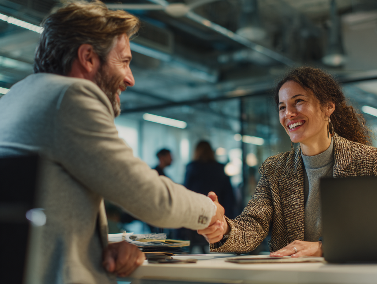 Der neue Mitarbeiter begrüßt den Büroleiter