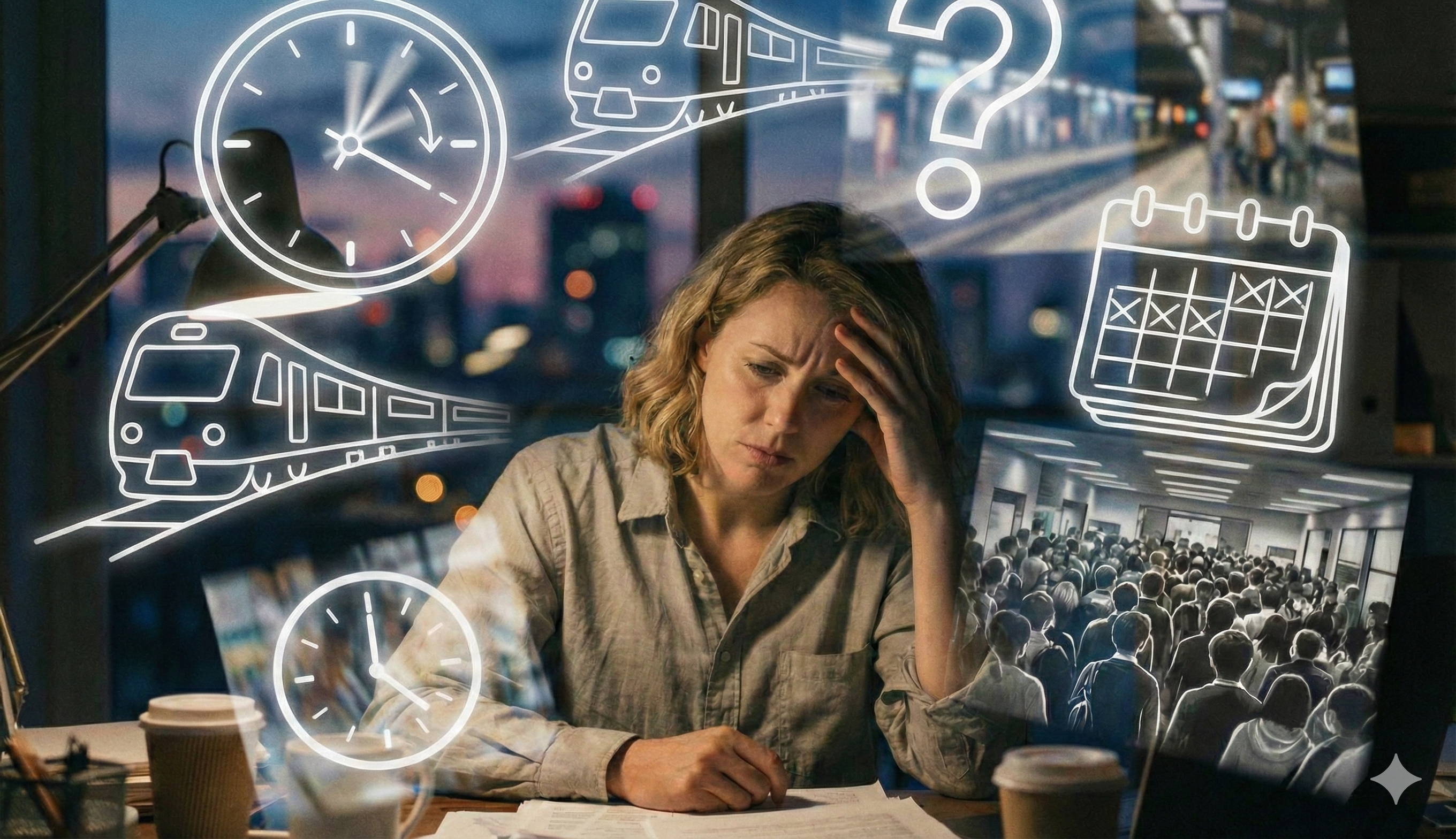 Eine Frau, die mit der Planung der Logistik für den Gang ins Büro überfordert ist.